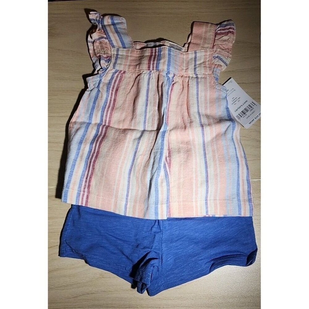 Baby Girls 9 Months Carter's Striped Linen Blend Tank & Shorts Cotton - Picture 1 of 9